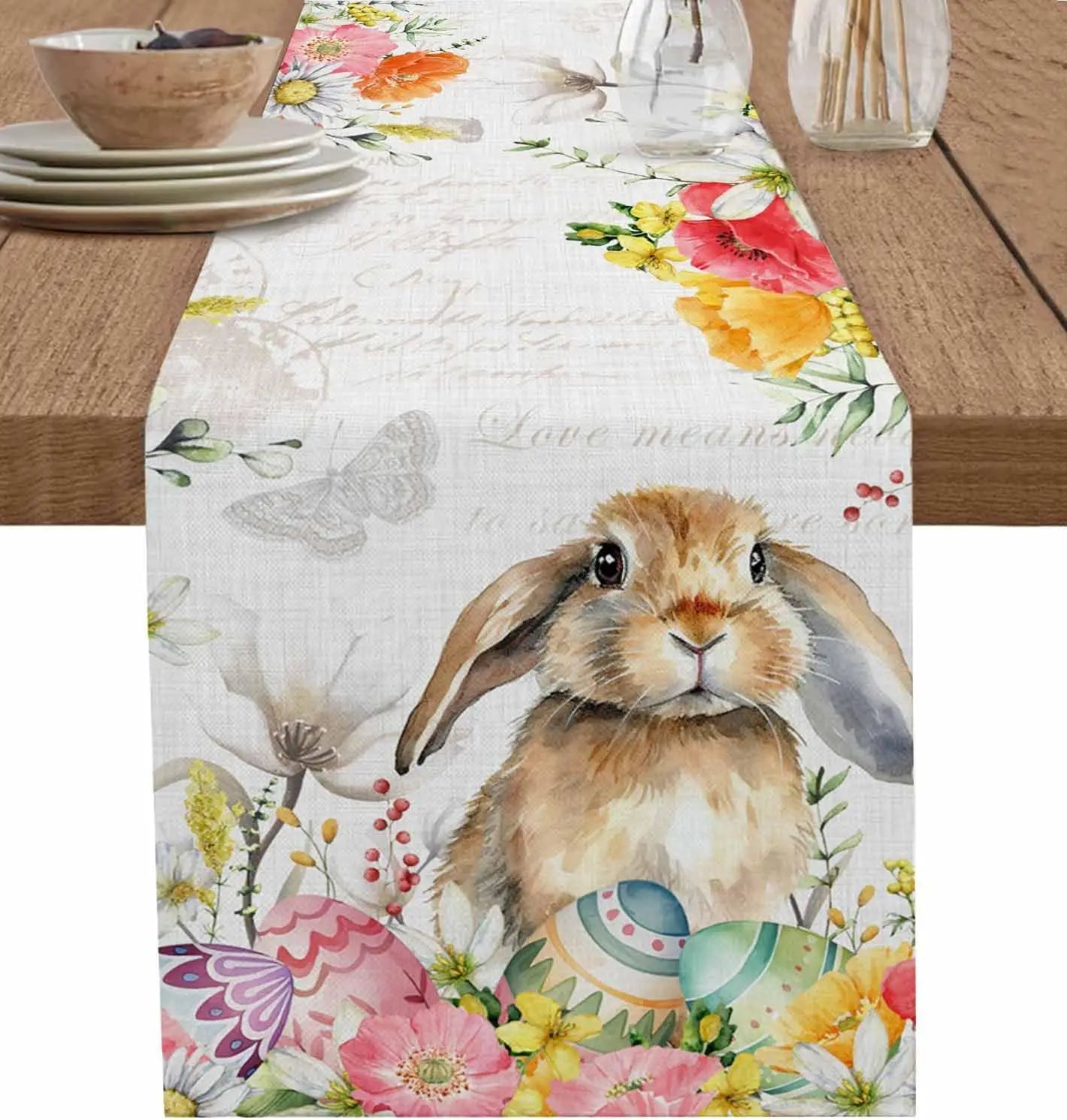 Un charmant lapin posé sur un chemin fleuri, entouré de papillons et de magnifiques fleurs colorées.