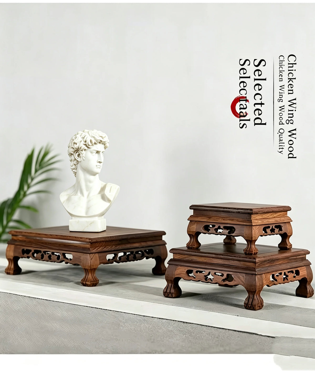 support d'affichage bois sculpté classique pied table vintage marron foncé motifs naturels