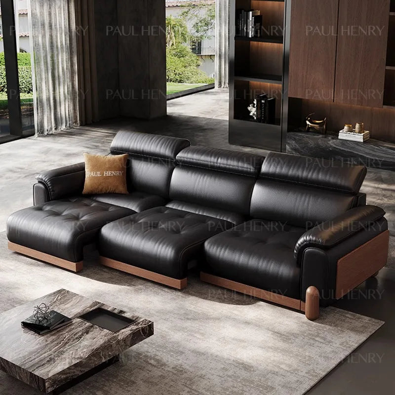 canapé d'angle moderne simili cuir noir confortable coussin marron salon adulte