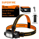 lampe frontale led noire orange rayures superfire ip44 modes sensor switch