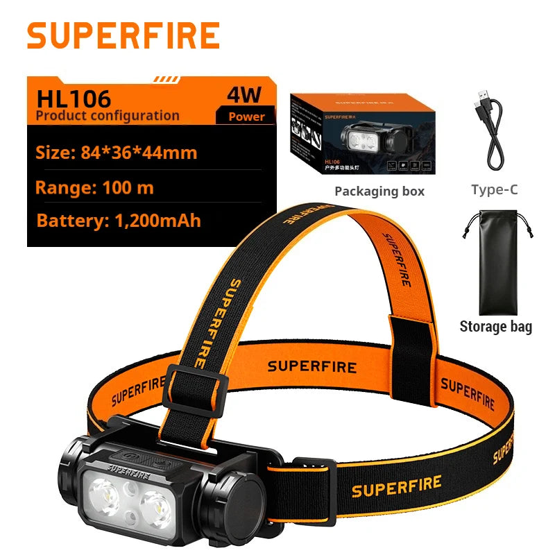 lampe frontale led noire orange rayures superfire ip44 modes sensor switch