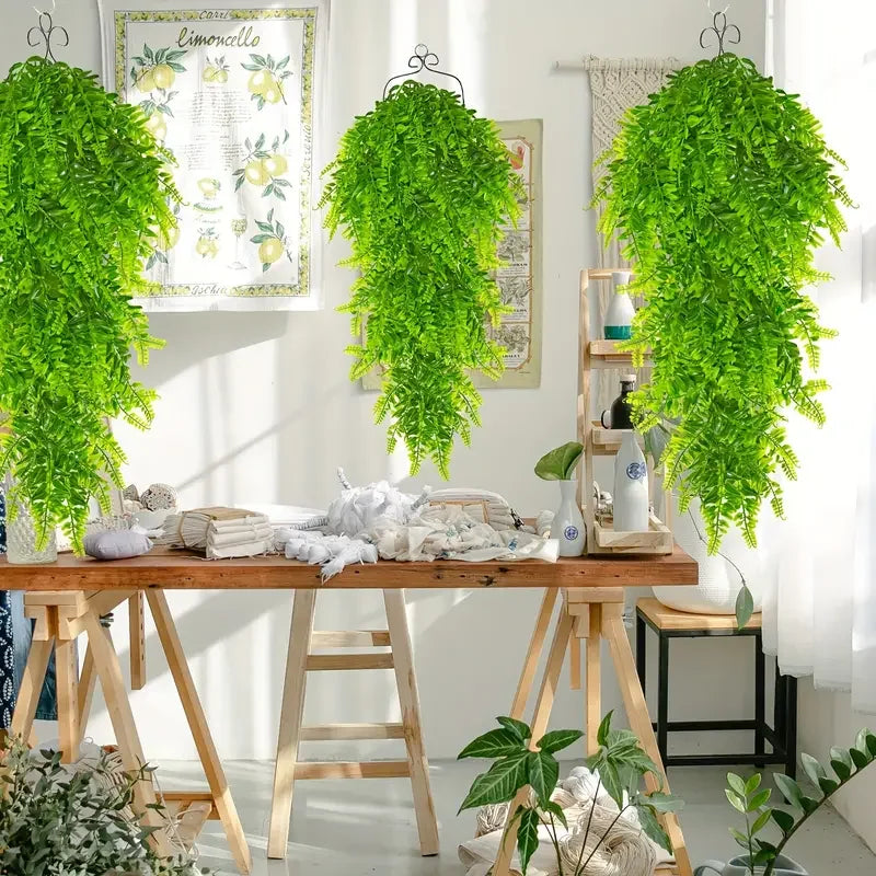 plantes artificielles cascade vertes feuilles dentelées décoration intérieure extérieure suspension crochet réaliste bohème nature