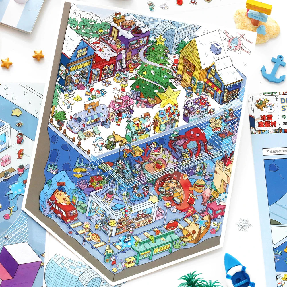 puzzle multicolore scènes plage ville sous marin illustratif cartoon pièces étoiles coquillage ancre