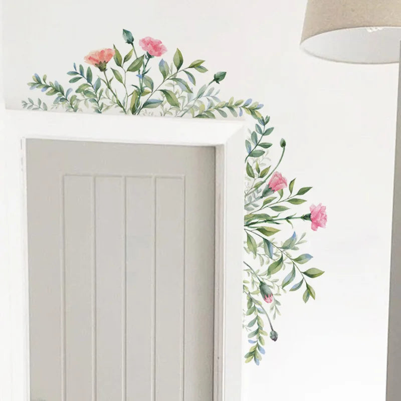 autocollant mural moderne feuilles fleurs vert rose blanc décoration mur opaque adhésif chambre salon