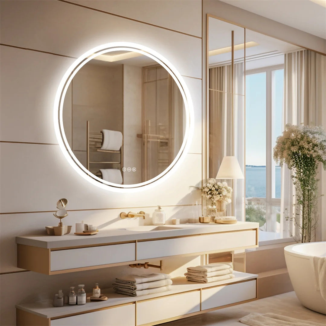 miroir rond lumineux moderne éclairé led blanc gris doré aluminium salle bain