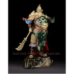 statue guerrier chinois or armure détaillée barbe cheveux longs traditionnel or vert rouge bleuargent