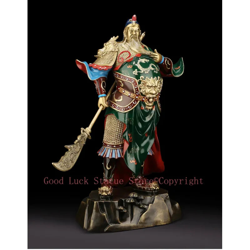 statue guerrier chinois or armure détaillée barbe cheveux longs traditionnel or vert rouge bleuargent