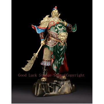 statue guerrier chinois or armure détaillée barbe cheveux longs traditionnel or vert rouge bleuargent