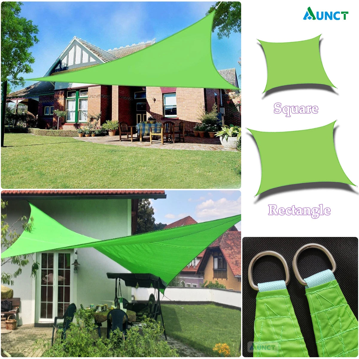voile d'ombrage soleil vert clair imperméable terrasse jardin anneaux fixation