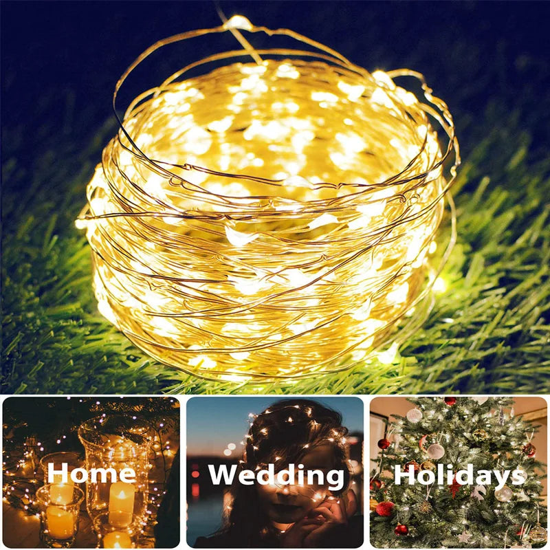 guirlande lumineuse solaire extérieure fil cuivre led décorative jardin terrasse cour étanche piquet doré