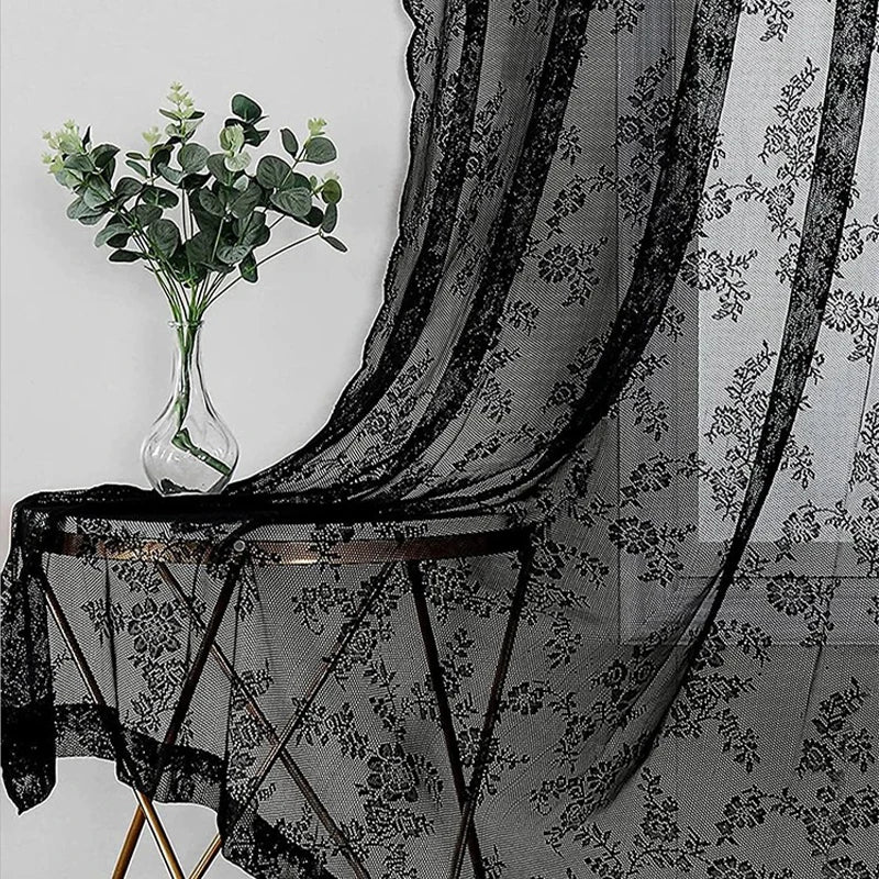 rideaux dentelle blanche noire motifs floraux romantique vintage bohème translucides polyester