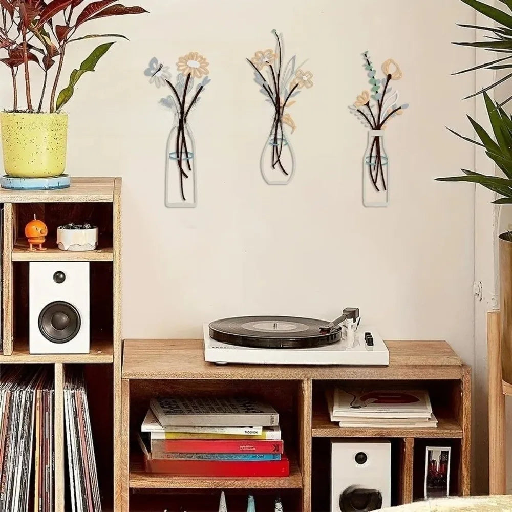 décoration murale moderne fleurs bouteilles vis auto adhésif multicolore minimaliste