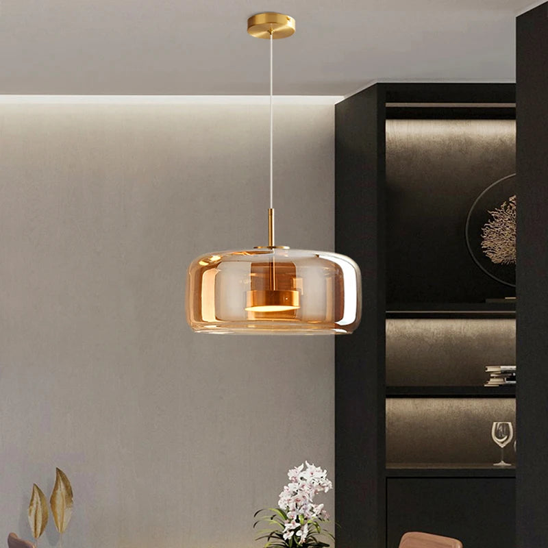 luminaire suspension moderne verre transparent doré câble salon salle manger
