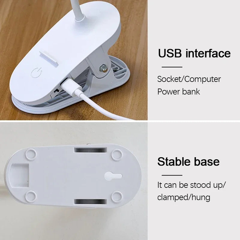lampe rechargeable led blanc moderne pinces clipser port usb interrupteur base stable