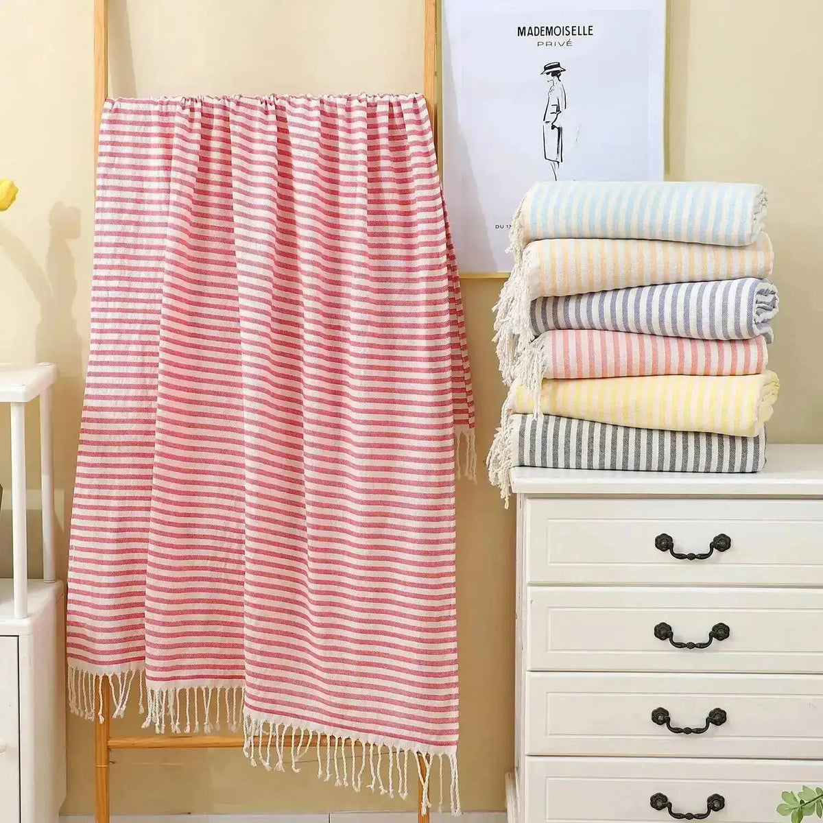 serviette bain coton polyester 100x180cm rayées franges moderne absorbante plage voyage