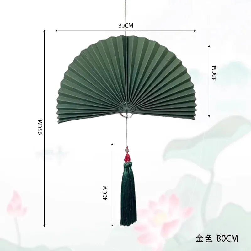 éventail pliant décoratif papier rouge bleu marine doré chinois traditionnel pompon cordelette