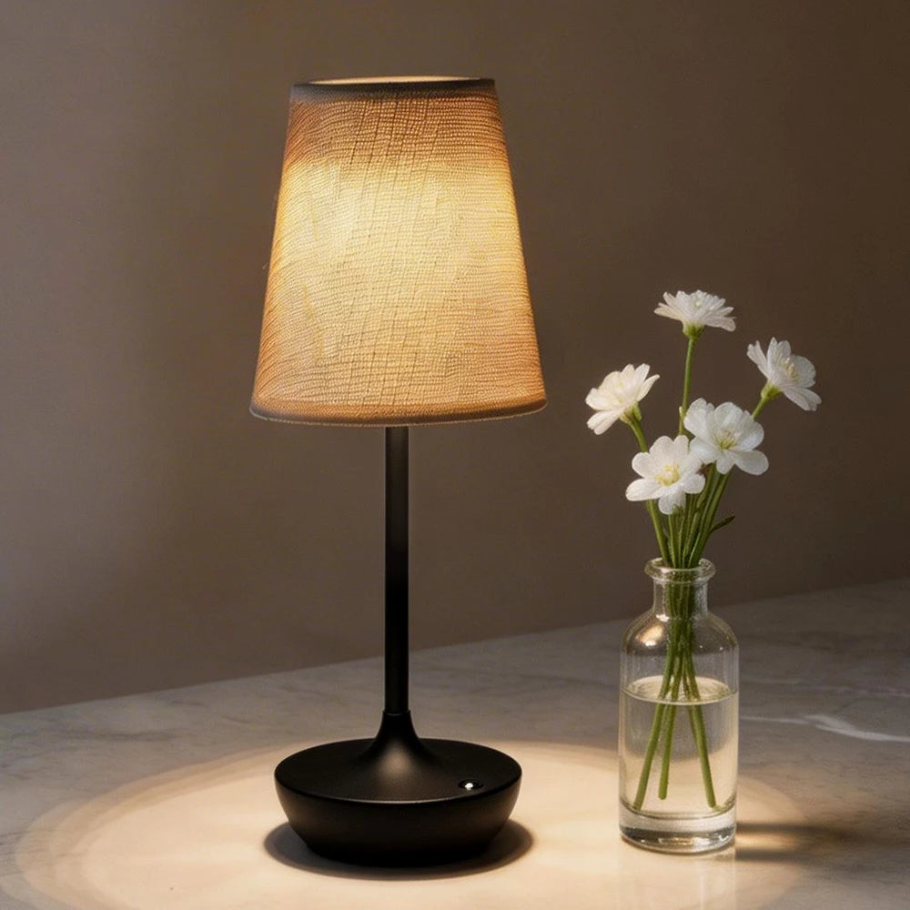 lampe chevet portable sans fil abatjour tissu texturé base marron abatjour crème controle tactile
