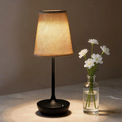 lampe chevet portable sans fil abatjour tissu texturé base marron abatjour crème controle tactile