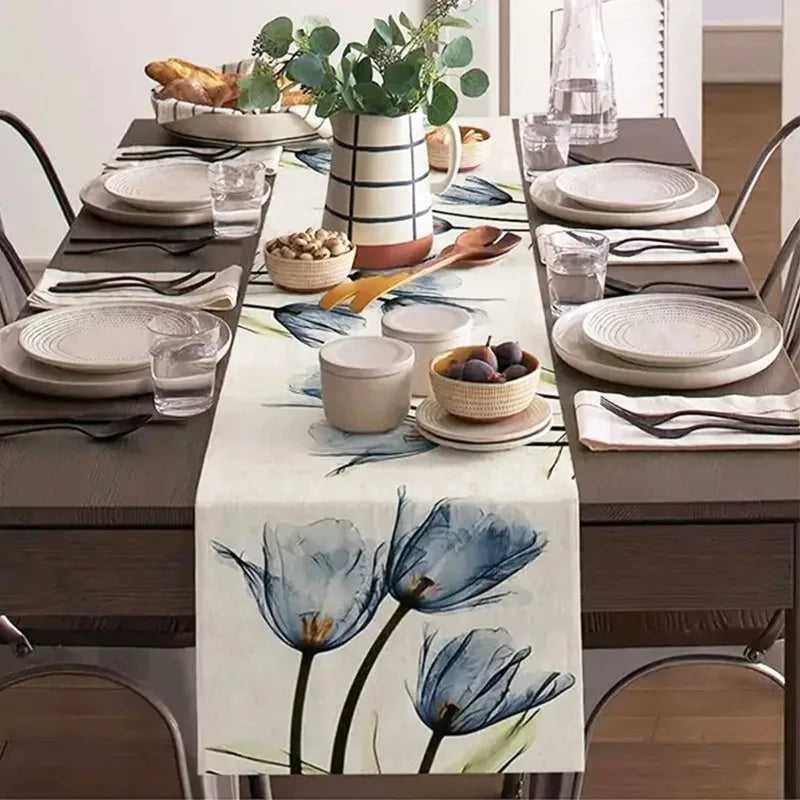 nappe table motif fleurs tulipes blanc bleu orange moderne rustique décoration cuisine salle manger