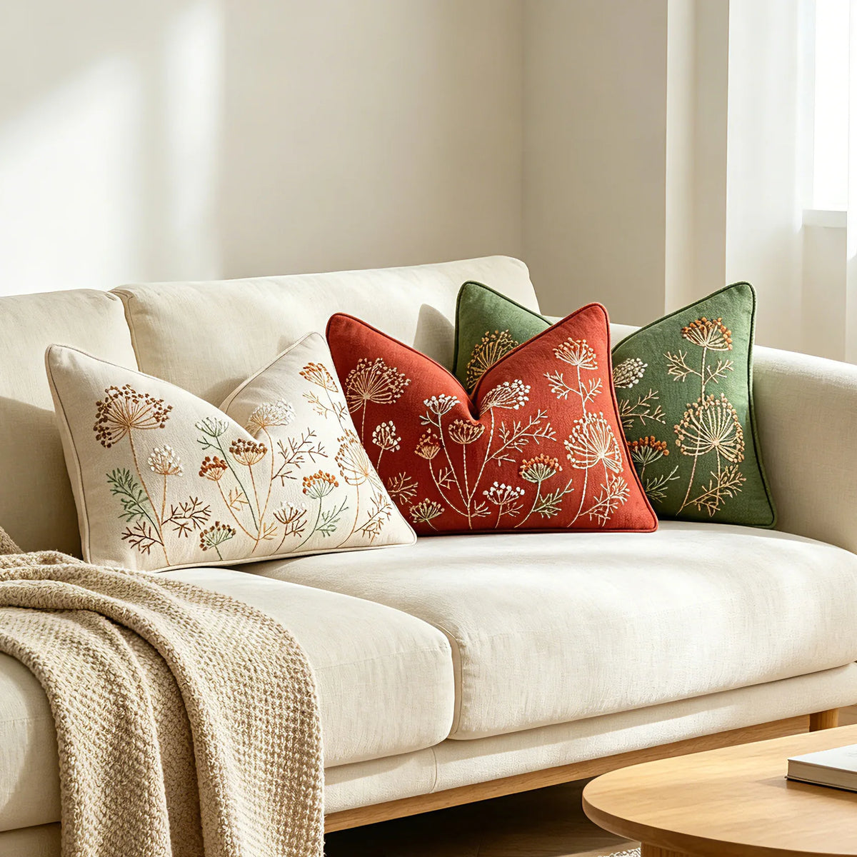 housse coussin carré brodé tissu chenille motif floral vert rouge décor maison lit sofa