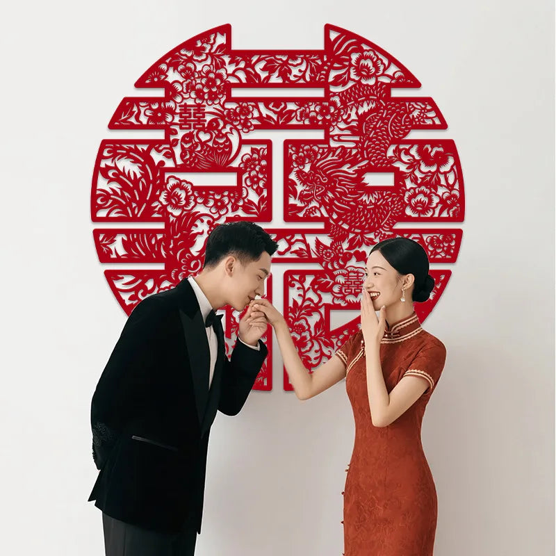 décoration murale mariage papier découpé artisanal motifs floraux rouge adhésif traditionnel chinois