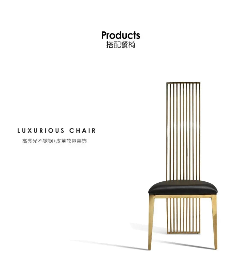 ensemble salle manger moderne chaises hautes table marbre veiné cadre métal doré minimaliste