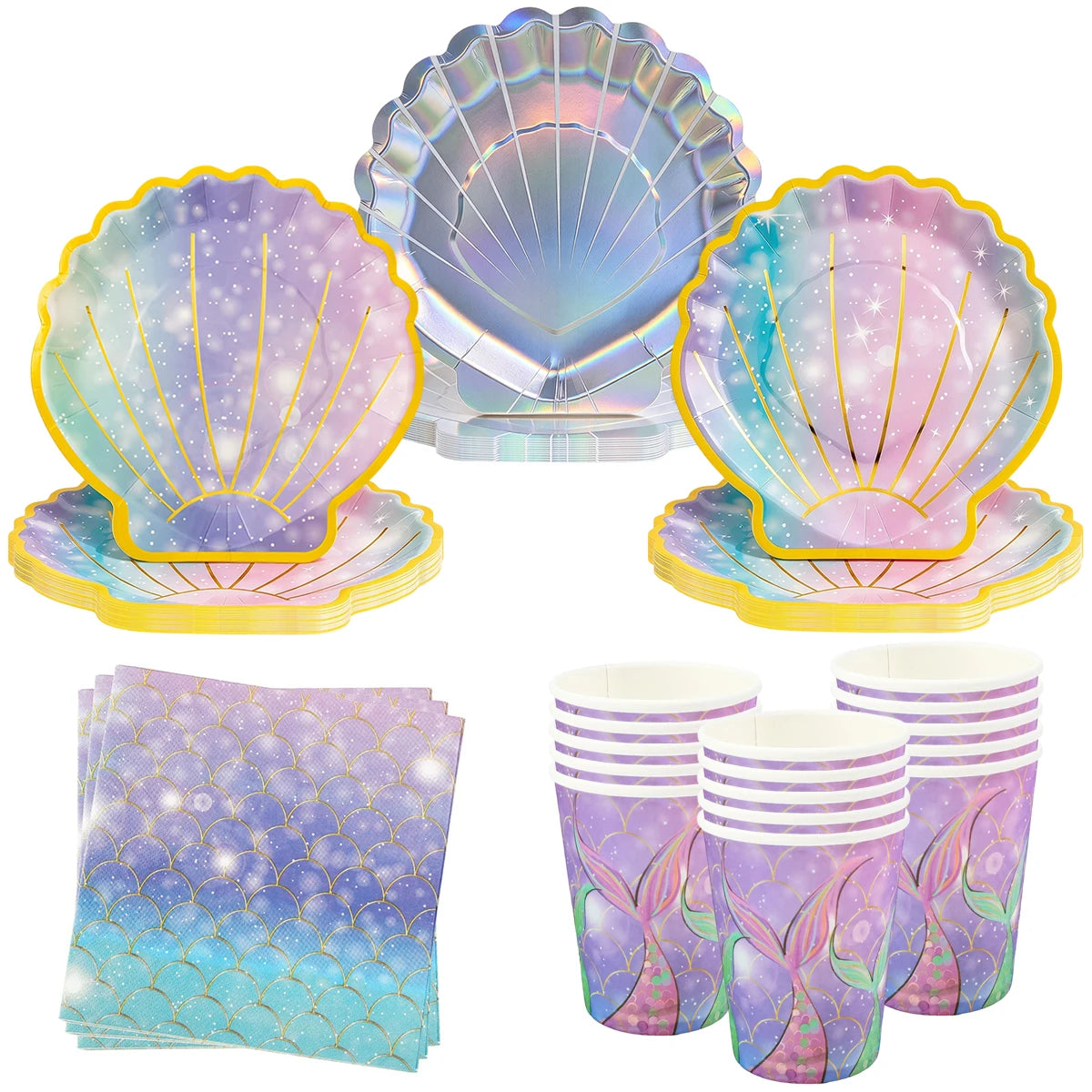 vaisselle jetable sirène violet bleu paillettes assiettes gobelets serviettes mariage anniversaire festives
