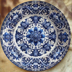 plaque murale classique floral détaillée bleu blanc métal ø20cm imperméable