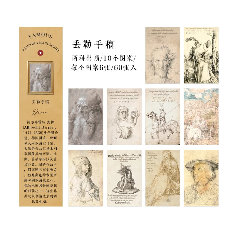 cartes postales artistes motifs monochromes dessins manuscrits peintres célèbres vintage lignes fines junk journal