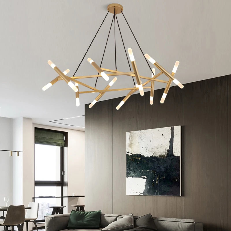 suspension lumineuse moderne or noir branches géométriques lampe led câbles noirs fixée suction chambre