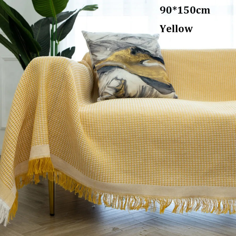 couverture canapé jaune blanche carreaux moderne nordique franges 90x150cm 90x90cm