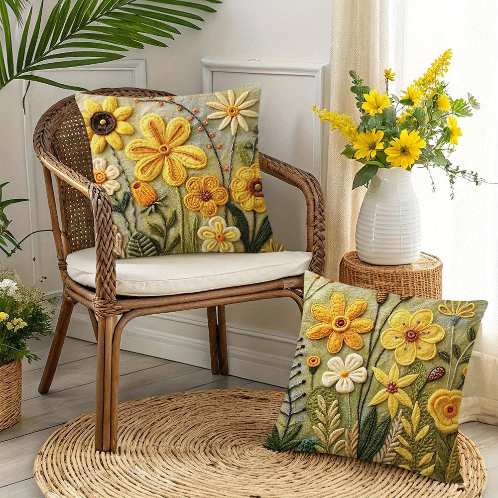 taies d'oreiller polyester fleurs relief artisanal zipper 45x45cm vert jaune blanc