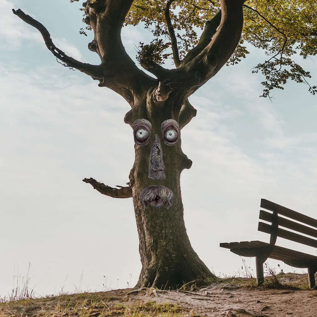 masque arbre résine yeux plastique moustache barbe artisanal jardin décoration pastorale naturelle