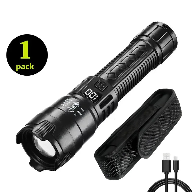 torche led rechargeable 2000lm anti choc affichage numerique lumiere intense campingurgence