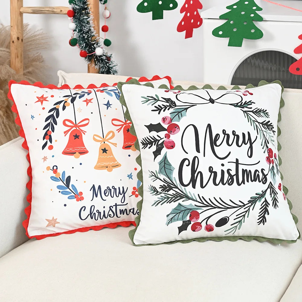 housse coussin patchwork noël blanc guirlande cloches branches baies étoiles décor maison festive 45x45cm