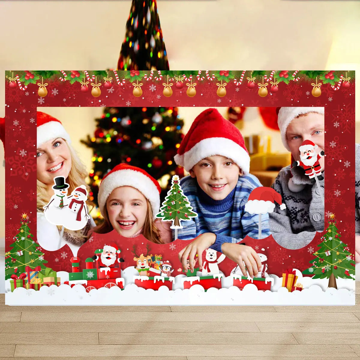 Cadre photo de Noël 2025 couleur saphir profond dans un salon festif