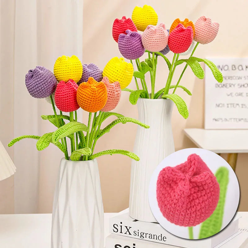 fleurs artificielles tricotées tulipes variées rose violet orange jaune blanchestre artisanale intérieurDecoration