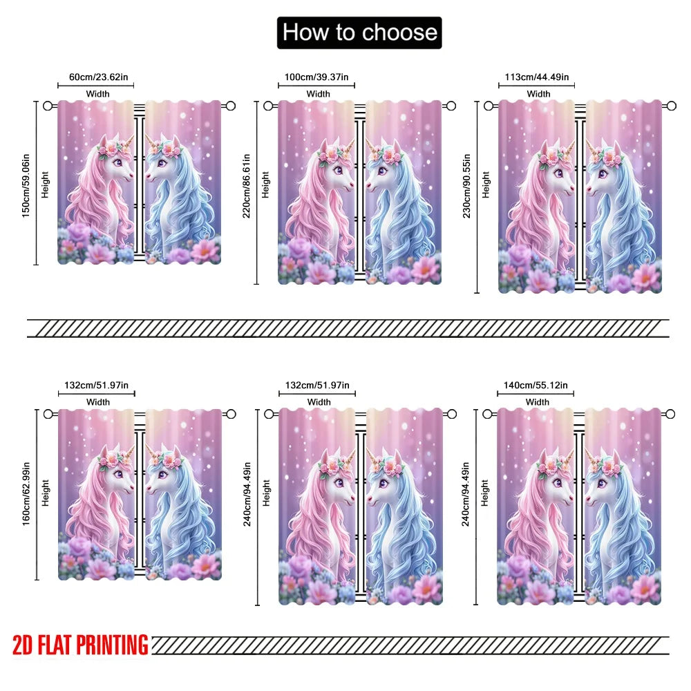 rideau licorne fleurs pastel polyester moderne rose violet blanc