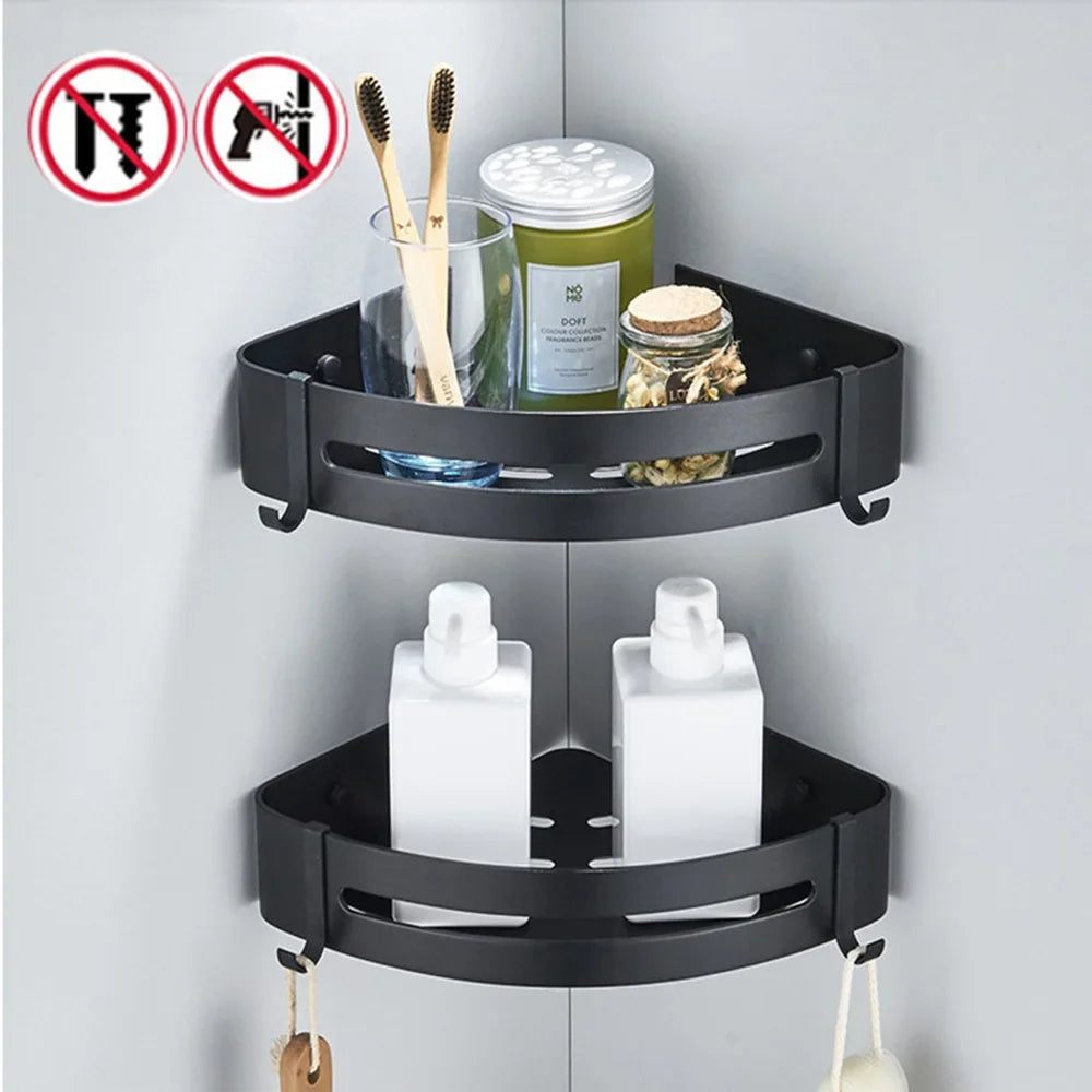 étagère angle moderne noire blanche or adhésive réutilisable salle bain douche trois niveaux fixations