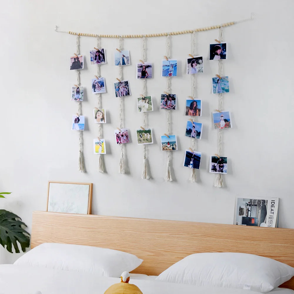 cadre mural bois clips tresses boho blanc gris clair photos suspension