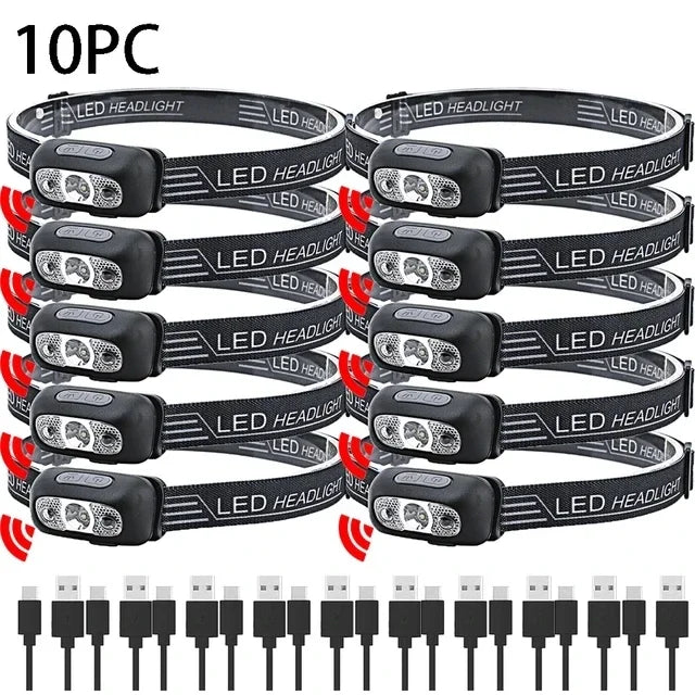 lampe frontale led rechargeable usb puissante portable camping pêche urgence sensoriel chargeur moderne pratique