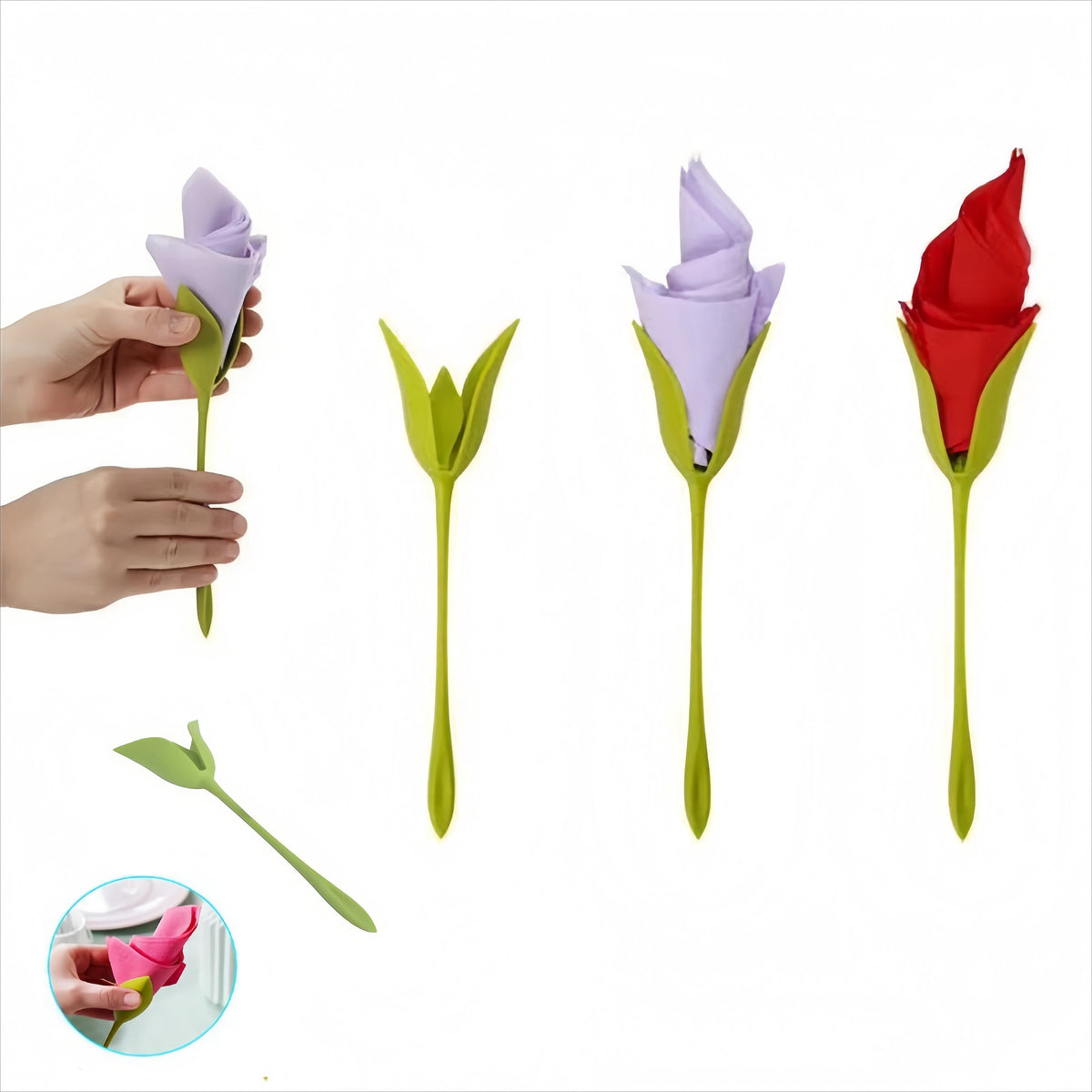 outil pliant fleur serviettes decor table papier plastique rose blanc violet rouge vases assiettes