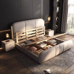 lit double moderne minimaliste beige clair cuir tissu tête rembourrée table chevet meubles chambre