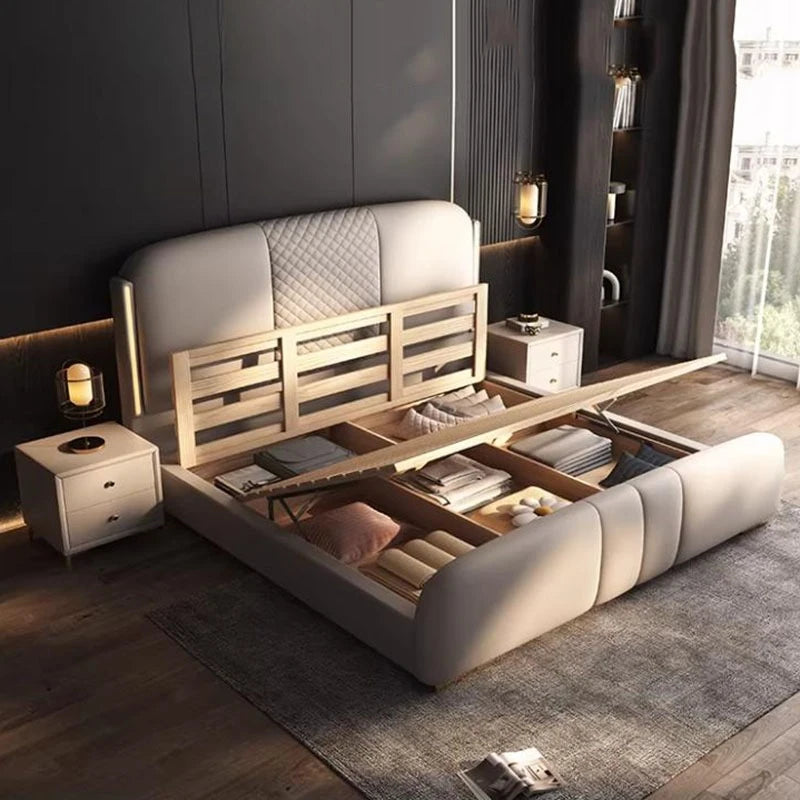 lit double moderne minimaliste beige clair cuir tissu tête rembourrée table chevet meubles chambre