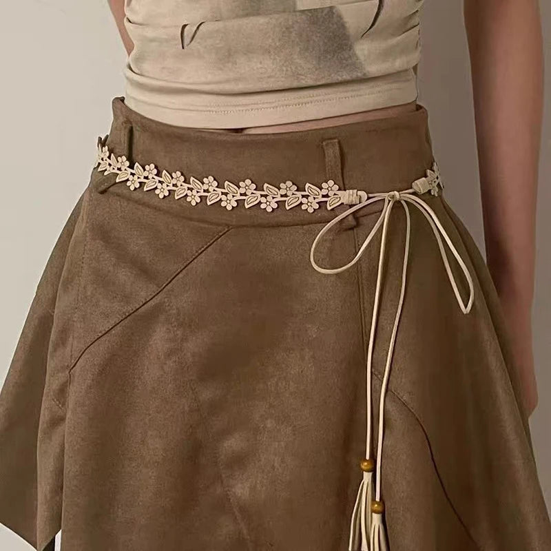 ceinture tissée main motifs floraux bohème ethnique adhésif boucles bois rubans tressés couleur marron