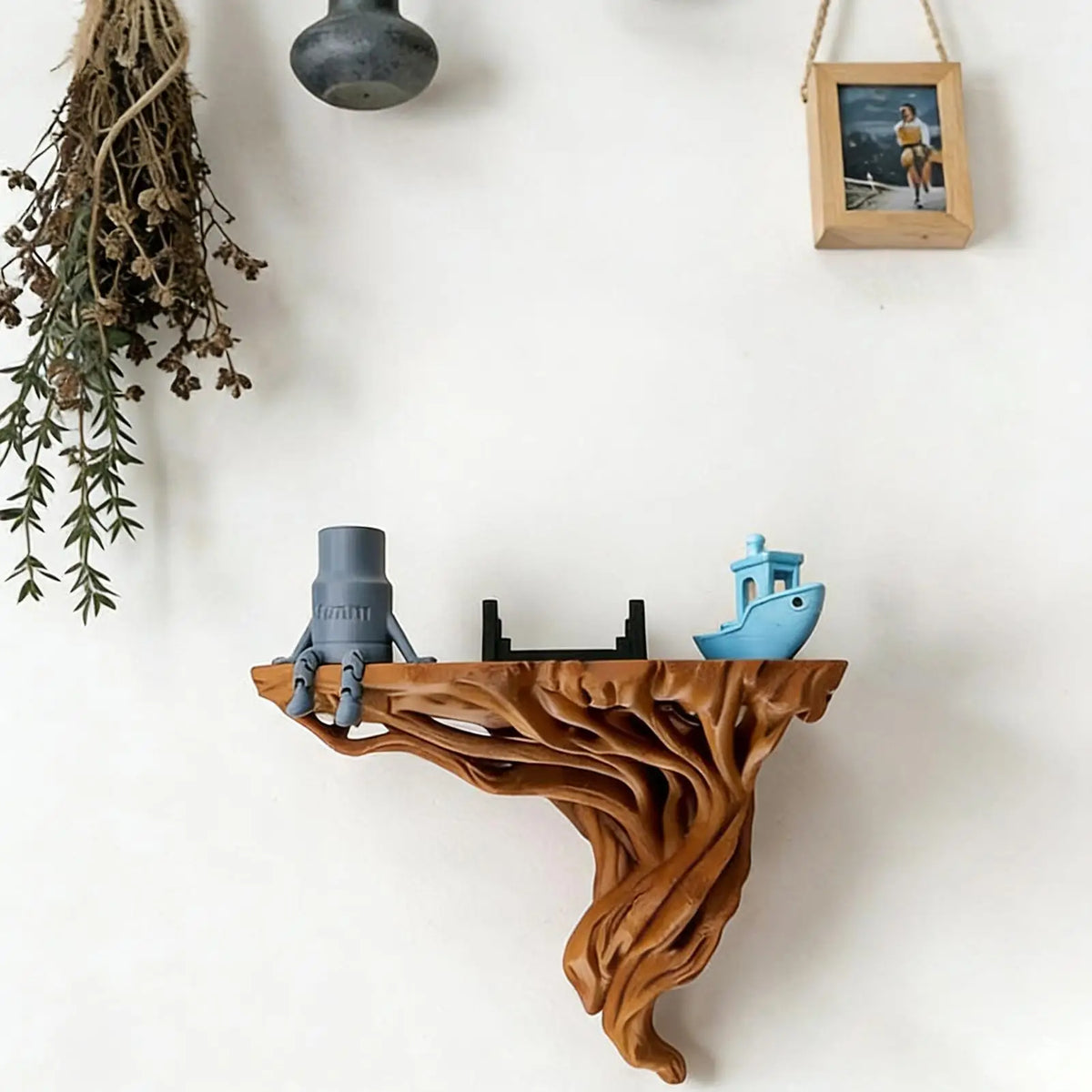 étagère murale marron clair sculptée tronc arbre texture naturelle rustique fixations