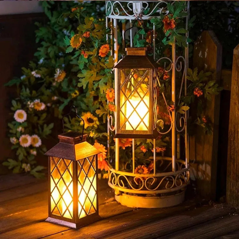 lanterne solaire marron doré carreaux vintage bougie led ip65 protection extérieure annuaire métallique