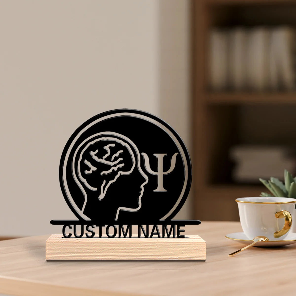 décoration moderne statuette psychologue cerveau bois base personnalisable noir blanc