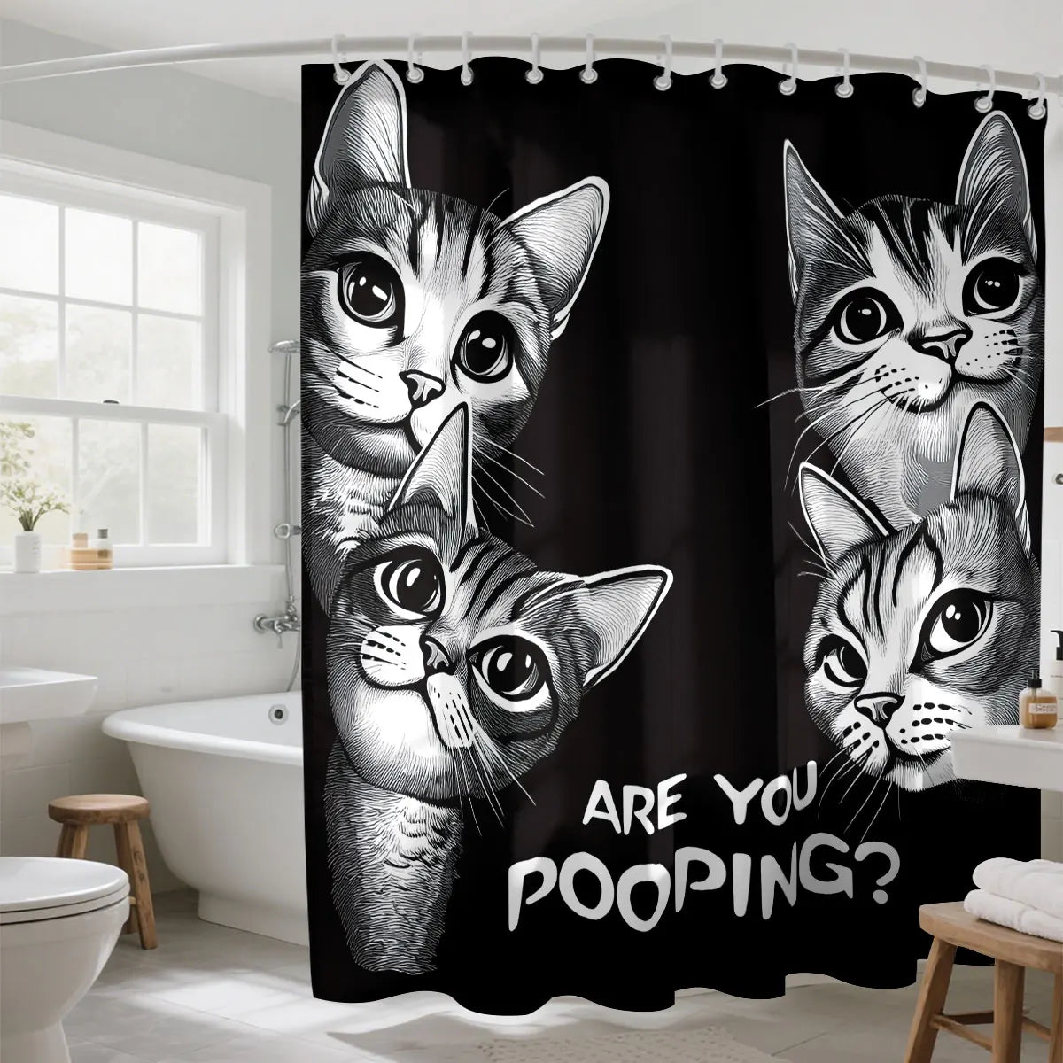rideau douche graphique chatons humour noir gris opacité salle bain classique