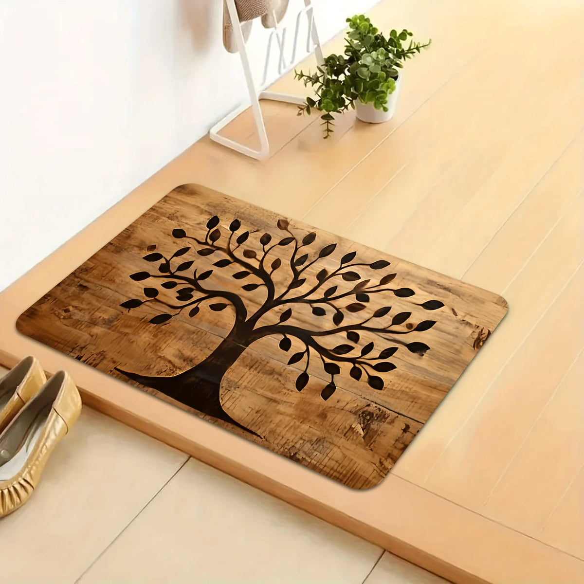 tapis sol rustique arbre stylisé texture bois brun clair noir salon bain imperméable antidérapant